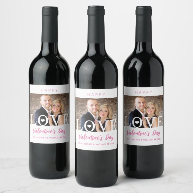 Big LOVE Letters | Modern Your Photo Pink Script Wine Label (Bottles)
