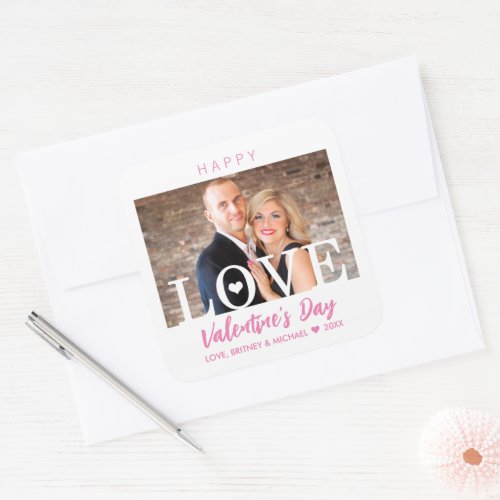 Big LOVE Modern Letters  Your Photo Pink Script Square Sticker