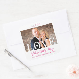 Big LOVE Modern Letters Your Photo Pink Script Square Sticker