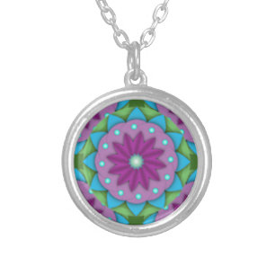 Big Magenta, Pink, and Green Flowers Silver Plated Necklace