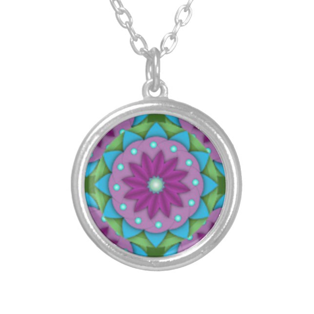 Big Magenta, Pink, and Green Flowers Silver Plated Necklace (Front)