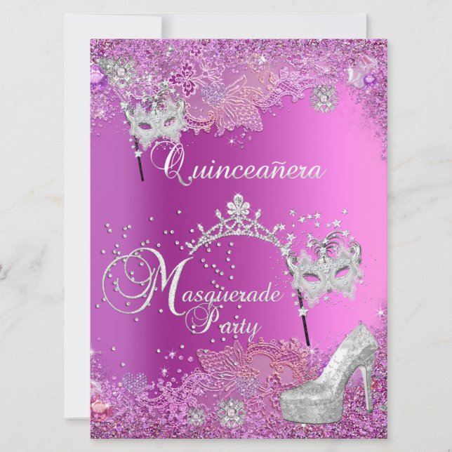 BIG Masquerade Quinceanera 15th Party Pink Tiara Invitation (Front)