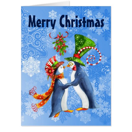 BIG Merry Christmas Penguins in Love Mistletoe Card