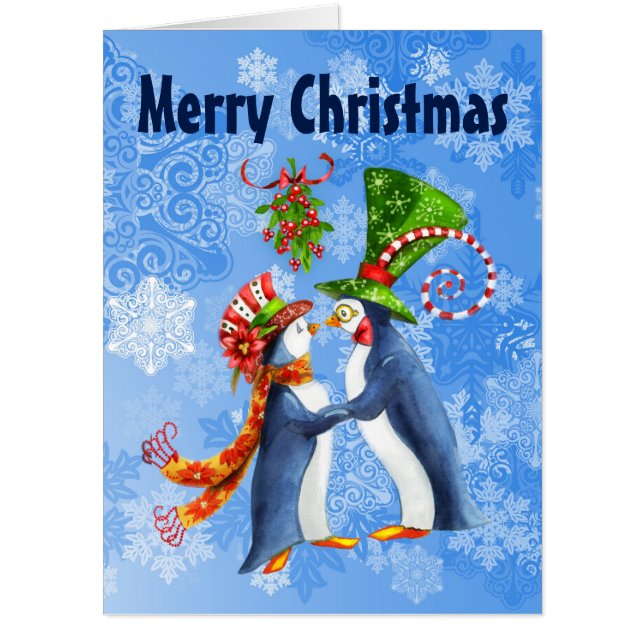 BIG Merry Christmas Penguins in Love Mistletoe Card (Front)