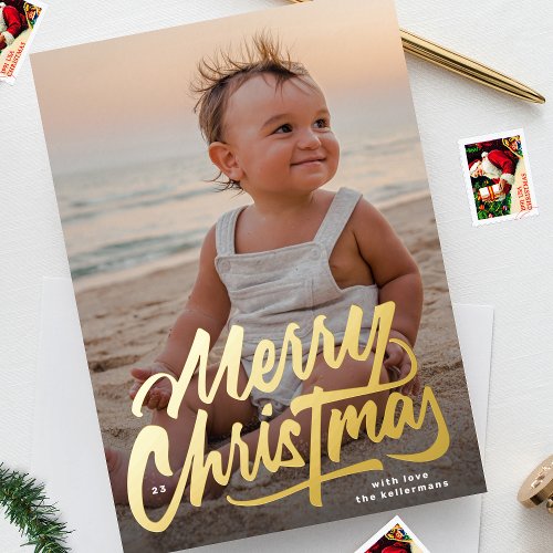 BIG modern GOLD SCRIPT Merry Christmas Foil Holiday Card