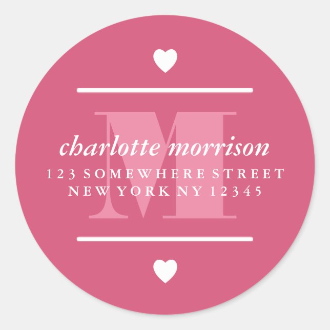 Big Monogram Hearts & Lines Pink Classic Round Sticker (Front)