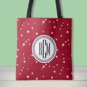 Big Monogram on Red White Stars Shoulder Tote Bag