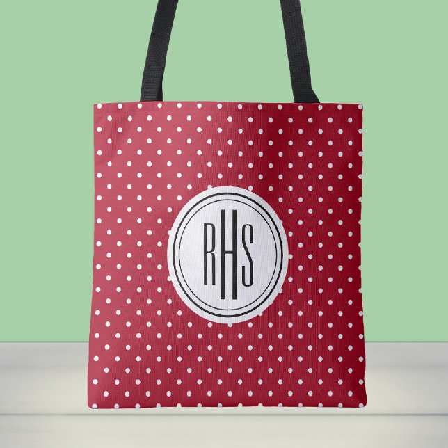 Big Monogram on Red White Swiss Dots Shoulder Tote Bag (Creator Uploaded)