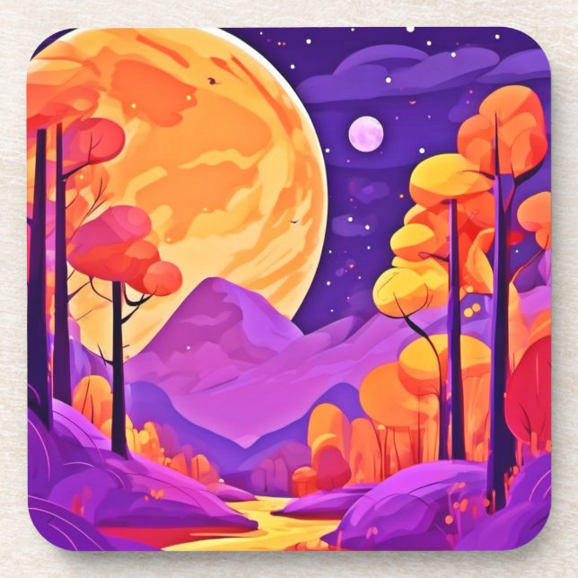 Big Moon & Cartoon Trees Art Beverage Coaster (Front)