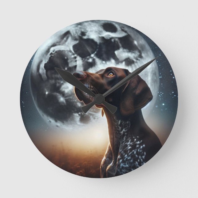 Big Moon Nighttime Sky GSP Dog Colorful Round Clock (Front)