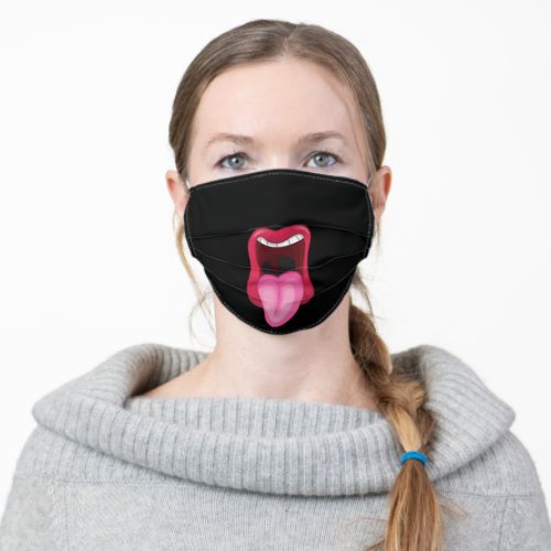 Big mouth and tongue on black adult cloth face mask