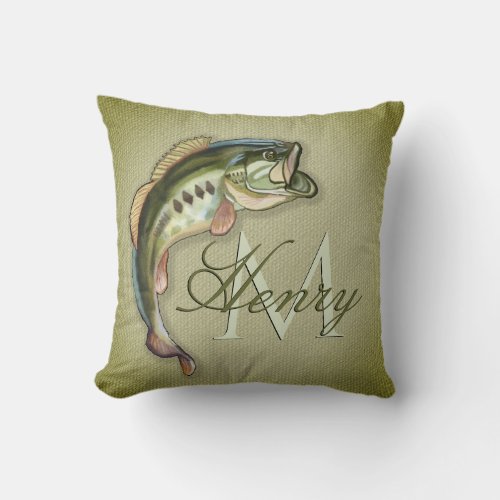 Big Mouth Bass Fish Monogram Throw Pillow