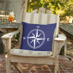 Big nautical compass star navy blue outdoor pillow