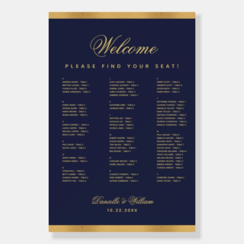 Big Navy Blue Faux Gold Alphabetical Seating Chart Foam Board