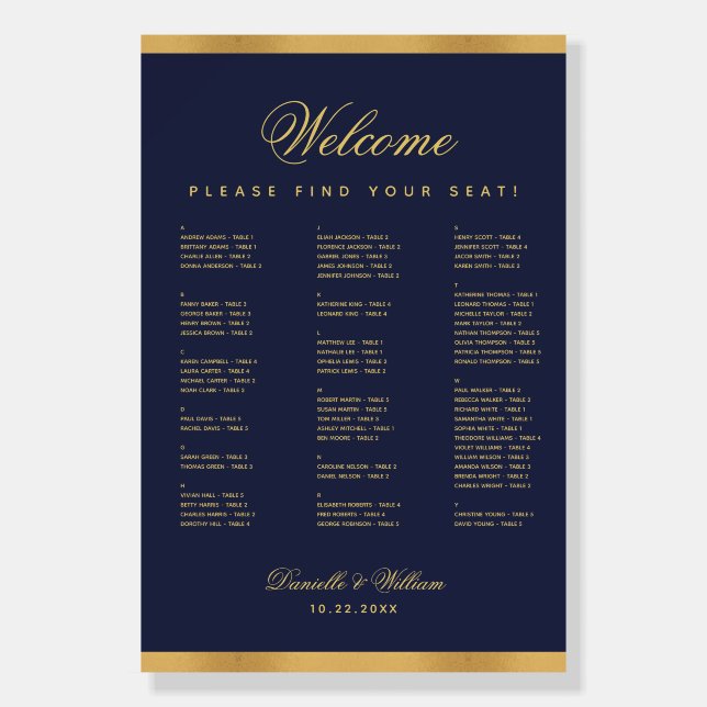 Big Navy Blue Faux Gold Alphabetical Seating Chart Foam Board (Back)
