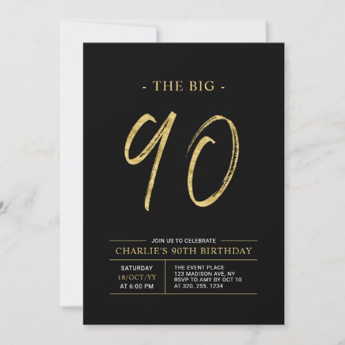 Big Ninety  Gold  Black 90th Birthday Party Invitation