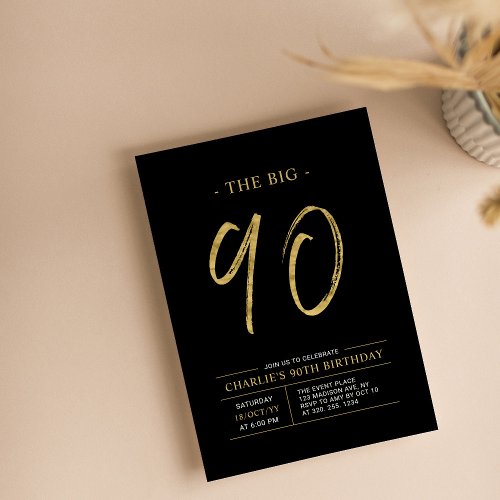 Big Ninety  Gold  Black 90th Birthday Party Invitation