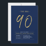 Big Ninety | Gold & Navy Blue 90th Birthday Party Invitation<br><div class="desc">Celebrate your special day with this simple stylish 90th birthday party invitation. This design features a brush script "The Big 90" with a clean layout in a navy blue & gold color combo. More designs and party supplies are available at my shop BaraBomDesign.</div>