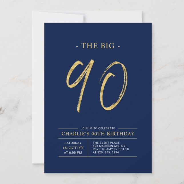 Big Ninety | Gold & Navy Blue 90th Birthday Party Invitation (Front)