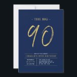Big Ninety | Gold & Navy Blue 90th Birthday Party Invitation<br><div class="desc">Celebrate your special day with this simple stylish 90th birthday party invitation. This design features a brush script "The Big 90" with a clean layout in a navy blue & gold color combo. More designs and party supplies are available at my shop BaraBomDesign.</div>