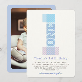 Big Number 1 Stripes Baby Boy 1st Birthday Party Invitation