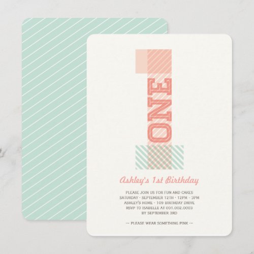 Big Number 1 Stripes Baby Girl 1st Birthday Party Personalized Invitation