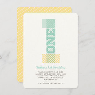 Big Number 1 Stripes Baby Neutral 1st Birthday Invitation