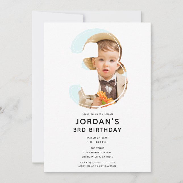 Big Number 3 THREE Photo Third 3rd Birthday Party Invitation (Front)
