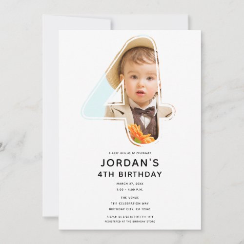 Big Number 4 FOUR Photo Fourth 4th Birthday Party Invitation