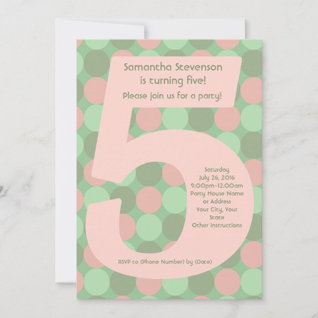 Big Number 5 Girl's 5th Birthday Party Invitation (Front)