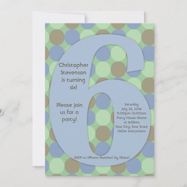 Big Number 6 Boy's 6th Birthday Party Invitation (Front)