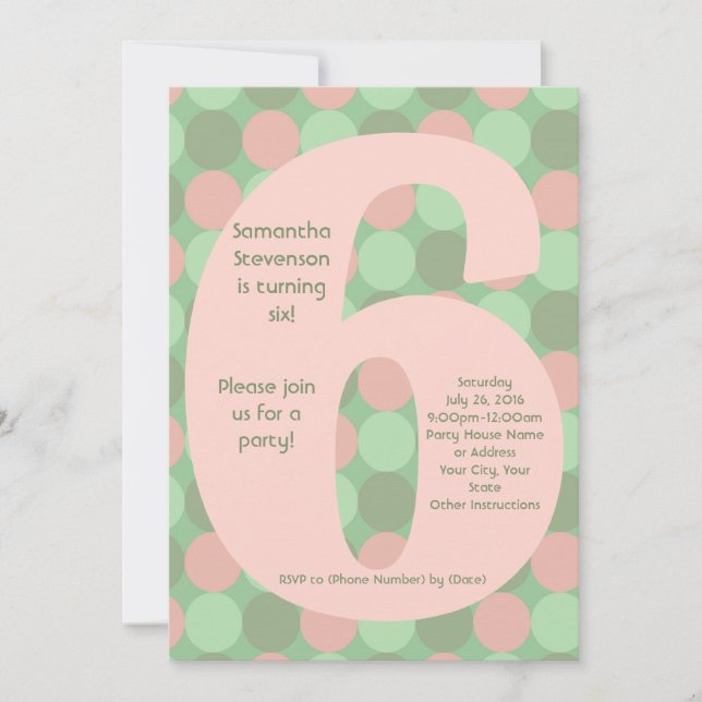 Big Number 6 Girl's 6th Birthday Party Invitation (Front)