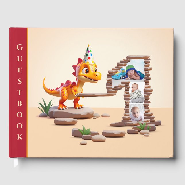 Big Number Photo 1st Birthday | Little Dino Dragon Guest Book (Front)