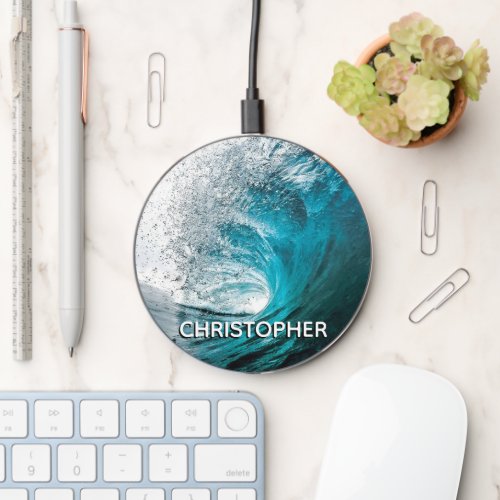 Big Ocean Wave Splash to Add your Name Wireless Charger