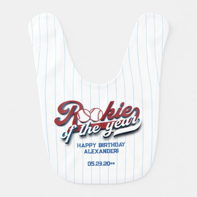 Big One Baseball Rookie Of The Year First Birthday Baby Bib (Front)