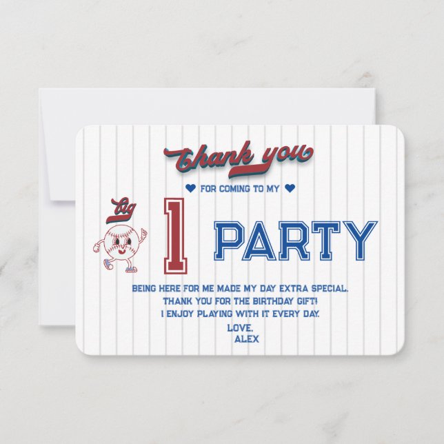 Big One Baseball Rookie Of The Year First Birthday Thank You Card (Front)