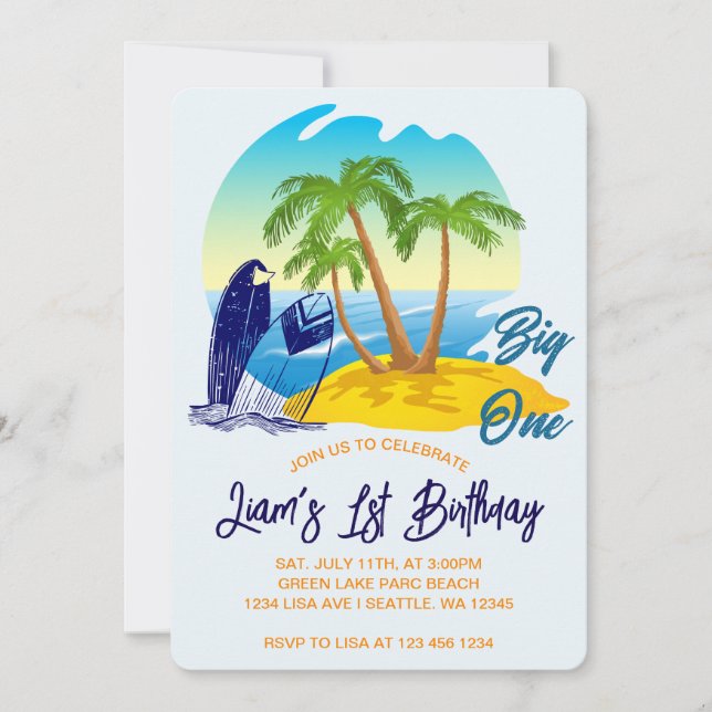 Big One Birthday Boy Beach Theme Personalized Name Invitation (Front)
