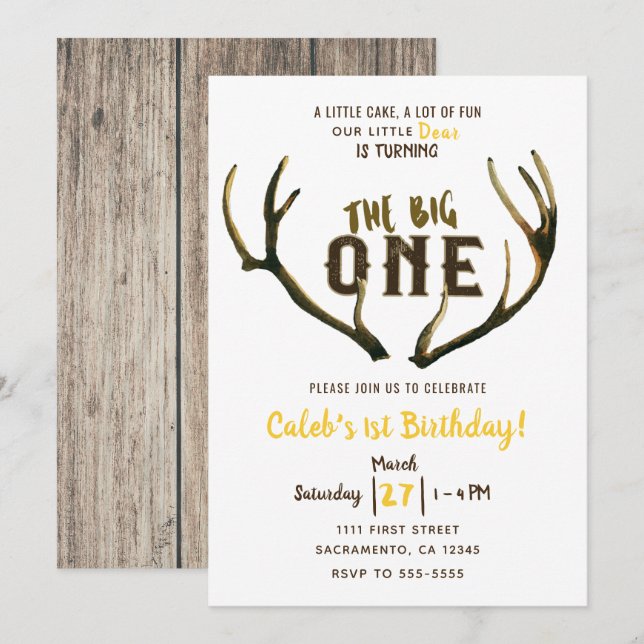 Big One Deer Antlers Rustic 1st Birthday Party Inv Invitation (Front/Back)