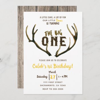 Big One Deer Antlers Rustic 1st Birthday Party Inv Invitation by printabledigidesigns at Zazzle