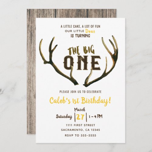 Big One Deer Antlers Rustic 1st Birthday Party Inv Invitation