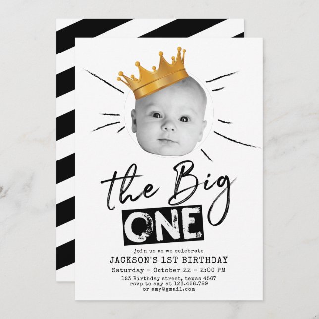 Big One First Birthday Modern Photo Black White Invitation (Front/Back)