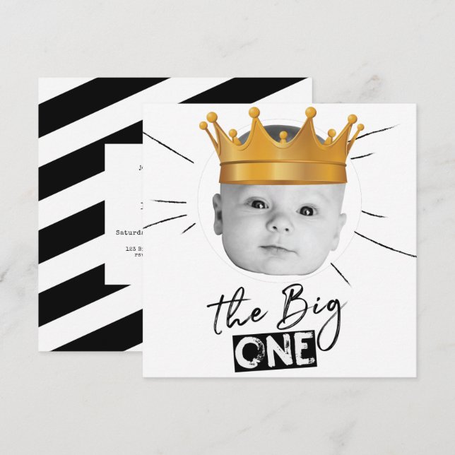 Big One First Birthday Photo Black White Invitation (Front/Back)