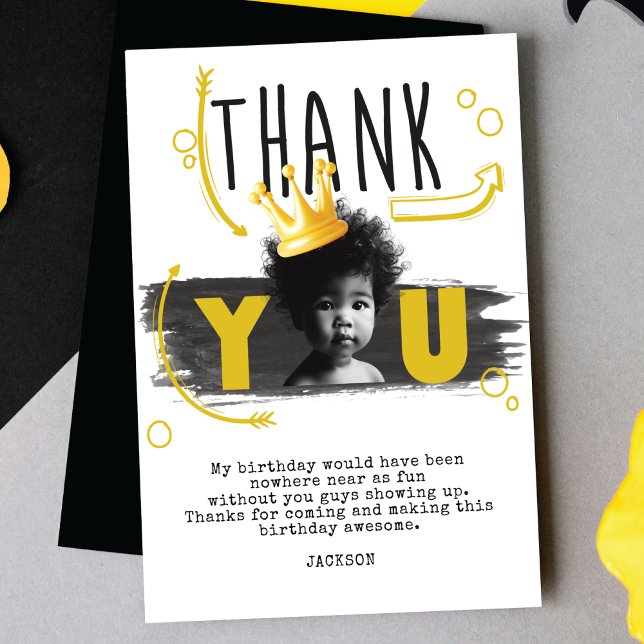 BIG ONE First Birthday Photo Black White Yellow Thank You Card (Creator Uploaded)