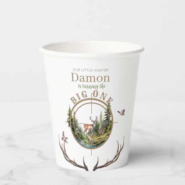 Big One Hunting First Birthday Paper Cups (Front)