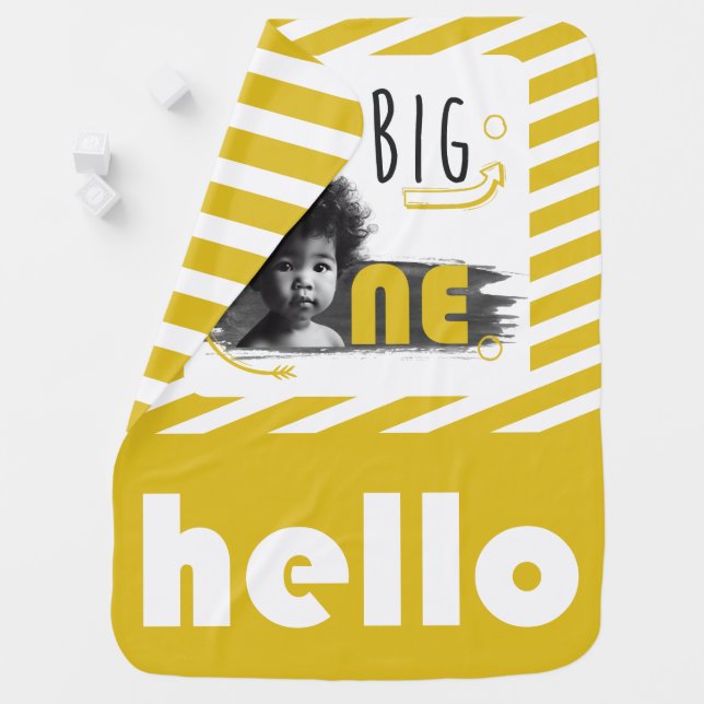 BIG ONE Photo Personalized Black White Yellow Baby Blanket (In Situ)