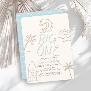 Big One Surfboard Doodle Blue Boy 1st Birthday Invitation