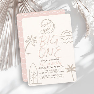 Big One Surfboard Doodle Pink Girl 1st Birthday Invitation