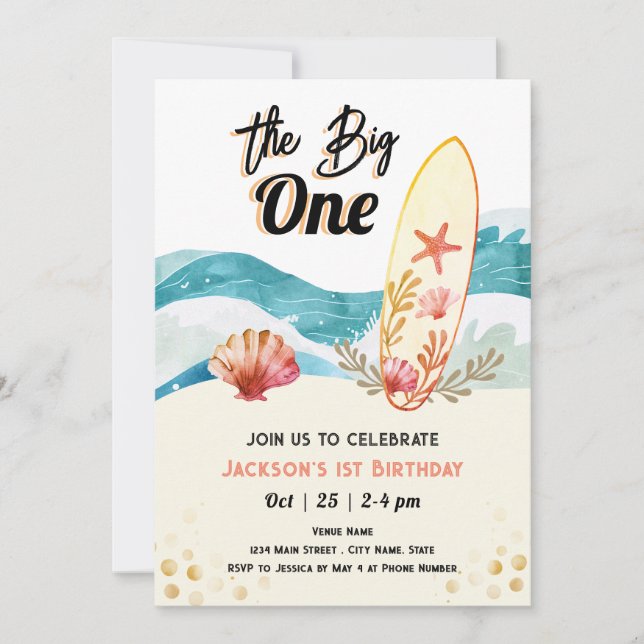 Big One Surfing 1st Birthday orange  Invitation (Front)