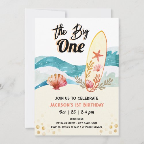 Big One Surfing 1st Birthday orange  Invitation