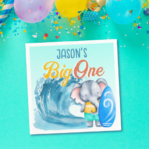 Big One surfing beach 1st birthday party elephant Napkins
